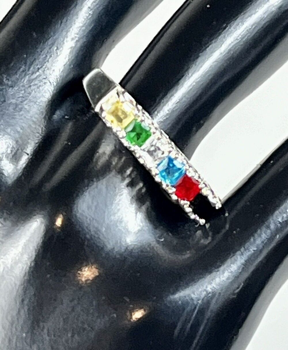 Silver Rainbow Colored Gem Stones Ring - CG Bar Top Ring Size 9